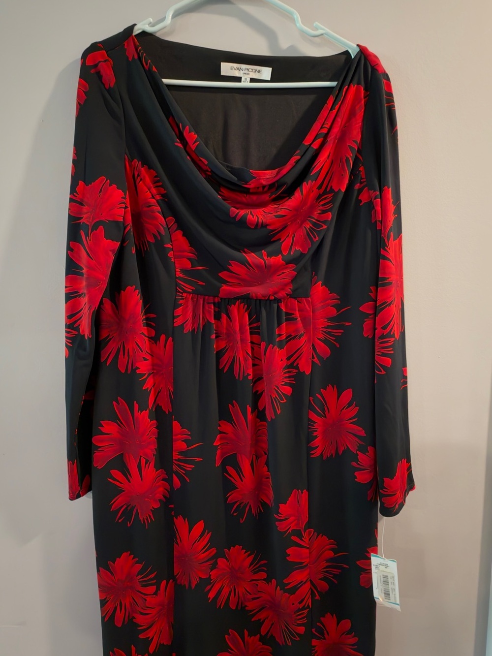 Evan Picone Black Long Sleeve Dress with Red Floral Print